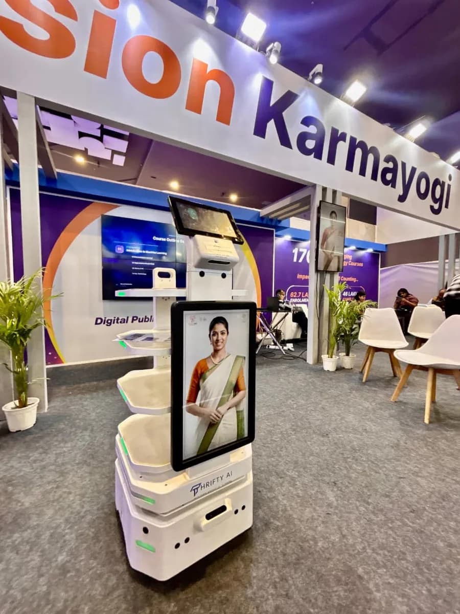 A Thrifty AI robot with an artificial human guiding visitors at an expo pavilion