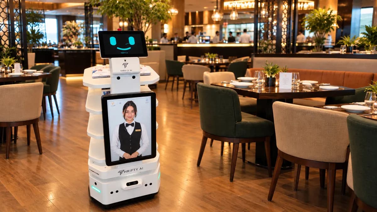 Thrifty AI service robot with an AI host on screen in a restaurant dining room