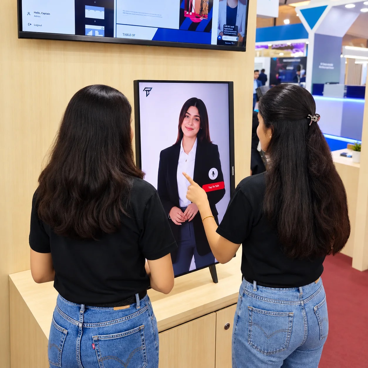 Visitors talking to an AI human at the Thrifty AI booth