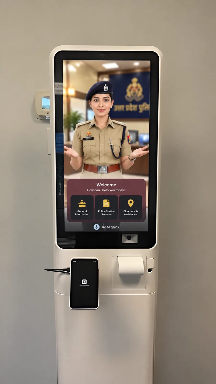A Thrifty AI kiosk with an AI police officer persona offering general information, police station services and directions