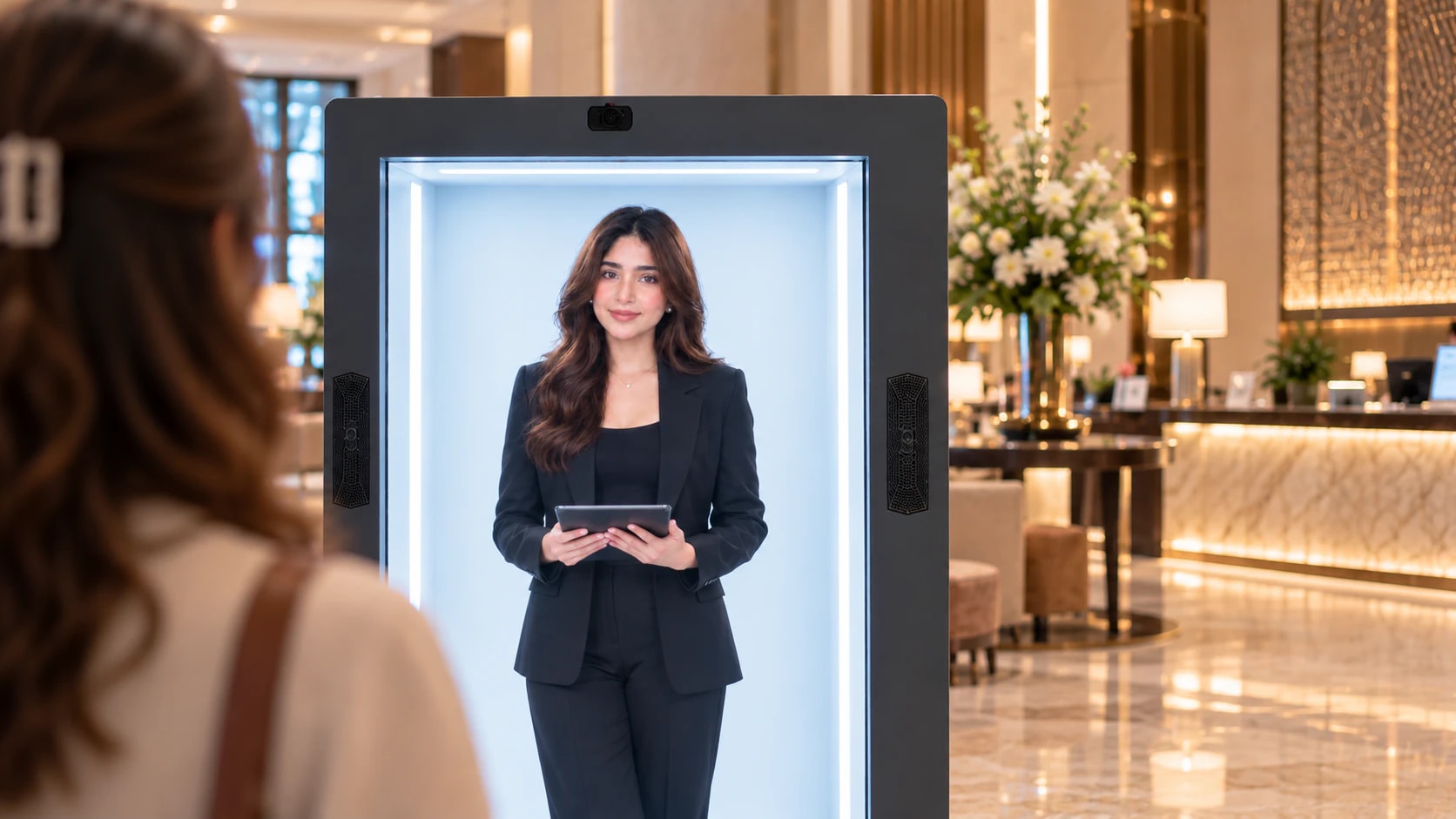 A guest walking up to a Thrifty HoloBox with an AI concierge in a black suit holding a tablet in a marble hotel lobby