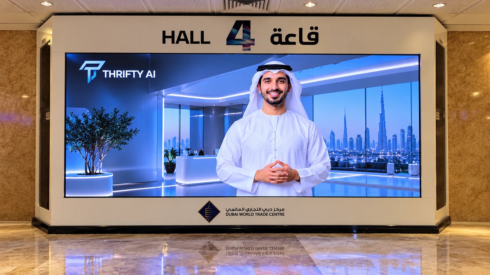 A Thrifty AI human in a white kandura on the video wall at the entrance to Hall 4 of Dubai World Trade Centre