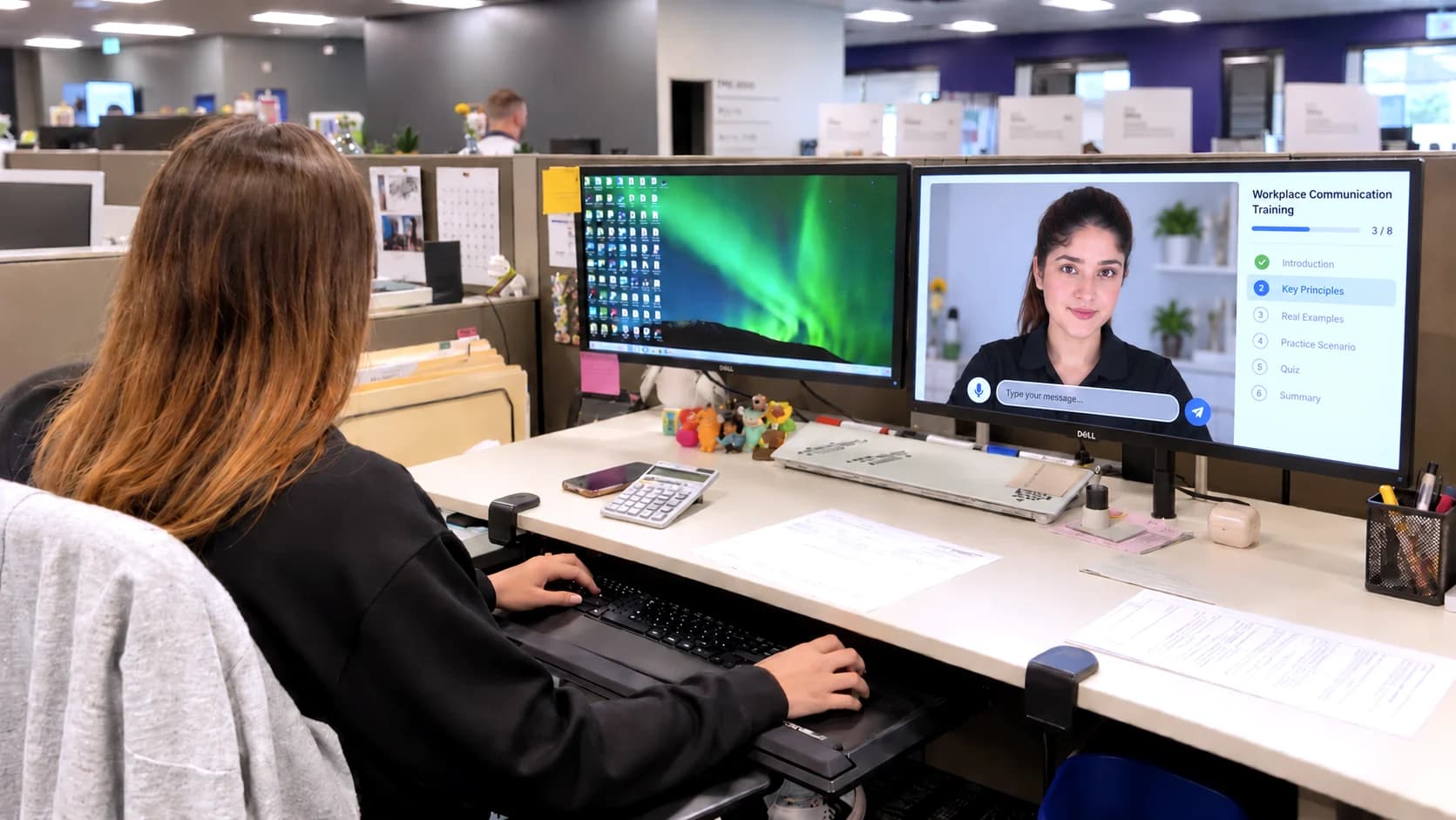 An employee at her desk taking a workplace communication course led by an AI human trainer on screen