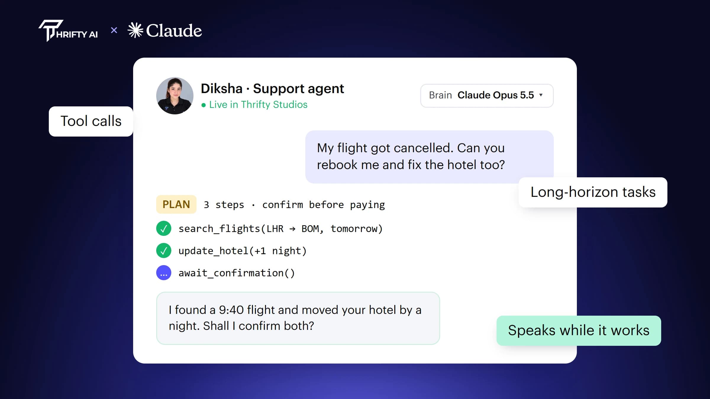 Thrifty AI and Claude logos above a Thrifty Studios interface showing an AI support agent powered by Claude Opus 5.5 planning and running tool calls to rebook a flight
