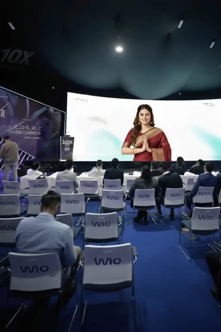 Nityani, Thrifty AI's AI ambassador, presenting on a large screen to a seated audience