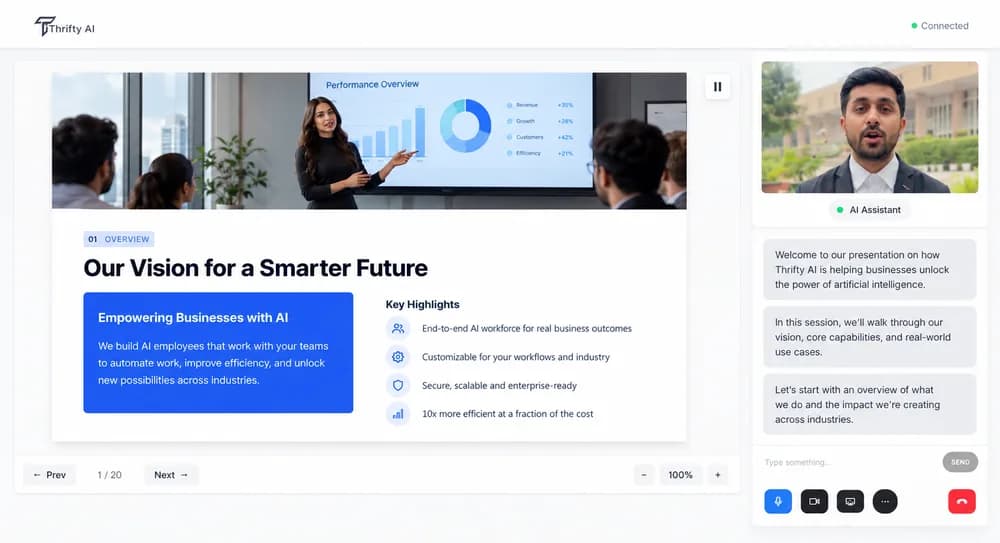 Thrifty AI presenting a slide deck, with the AI presenter on camera and a live transcript beside it