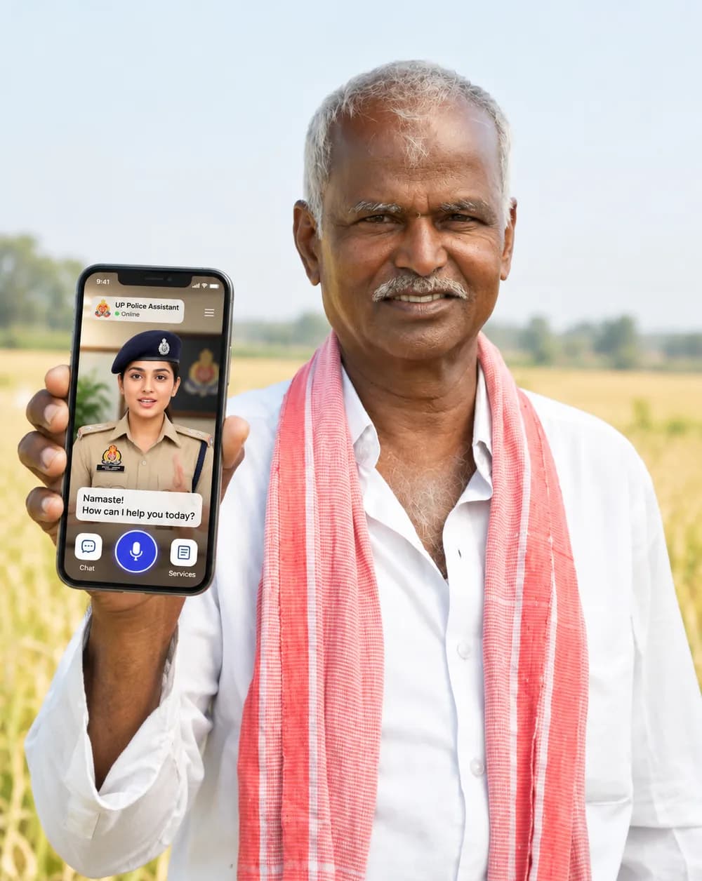 A farmer in a field holding a phone with a police help avatar
