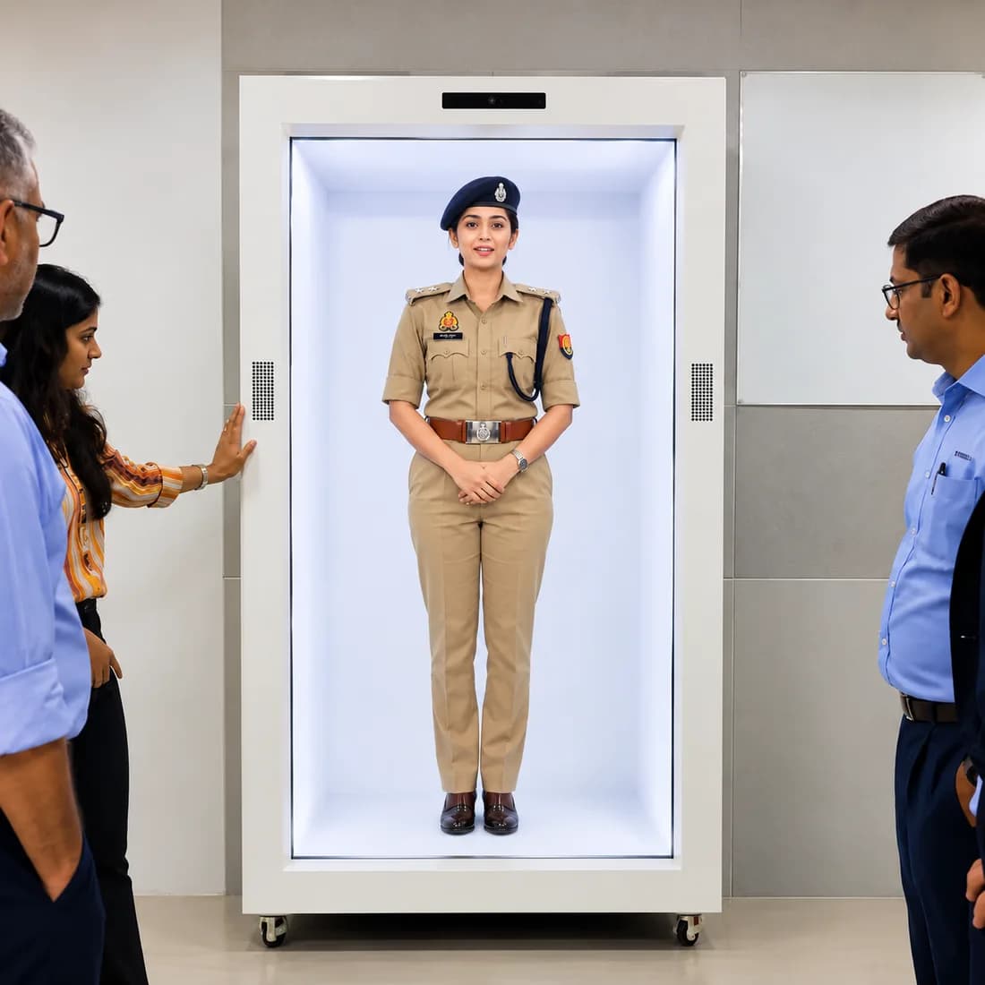 Life-size holographic avatar in a police uniform, watched by officials