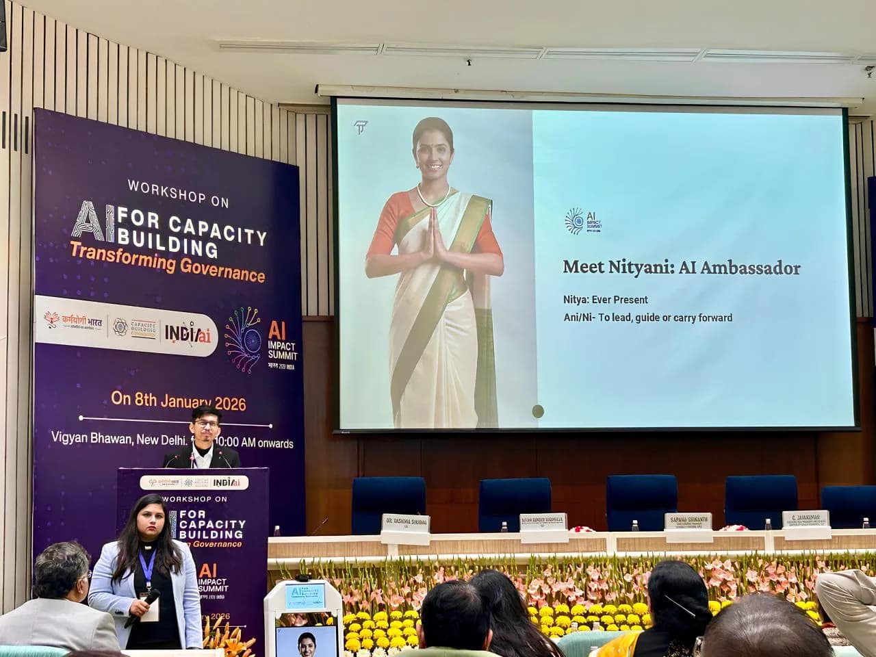 Nityani, Thrifty AI's AI ambassador, presented on stage at Vigyan Bhawan, New Delhi