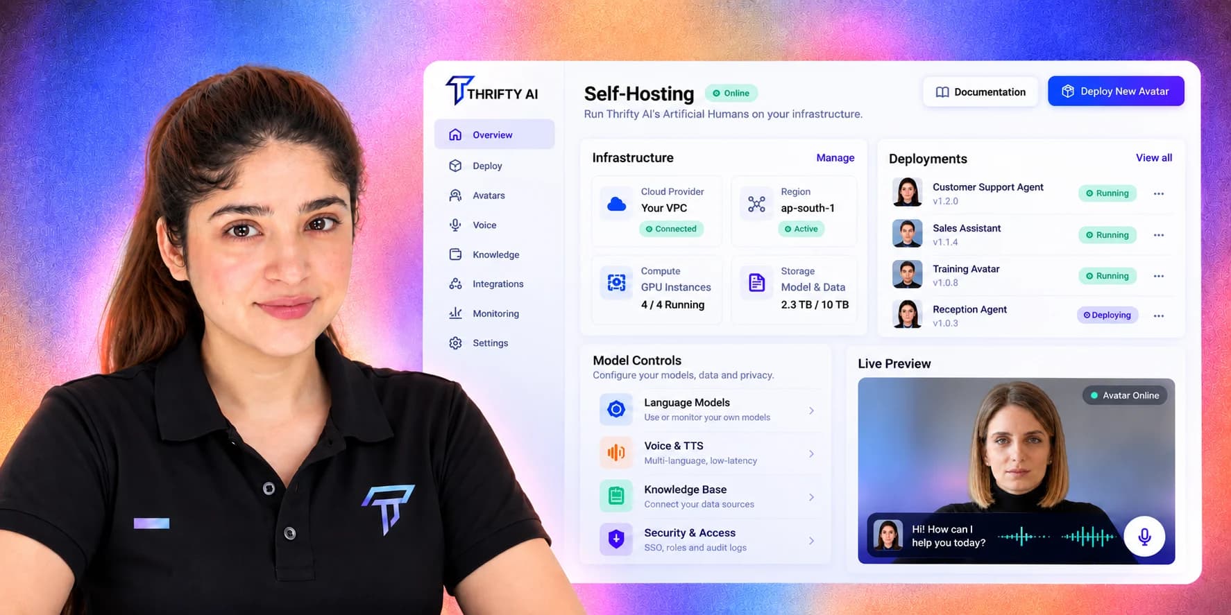 Thrifty AI self-hosting dashboard showing your VPC, running deployments and a live avatar preview