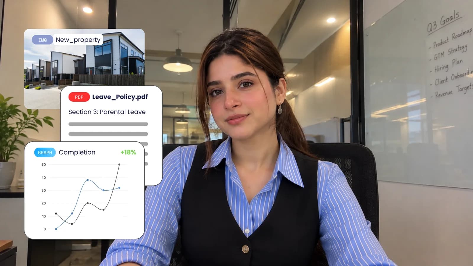 An AI human with a property photo, a PDF and a completion chart open beside her during a conversation