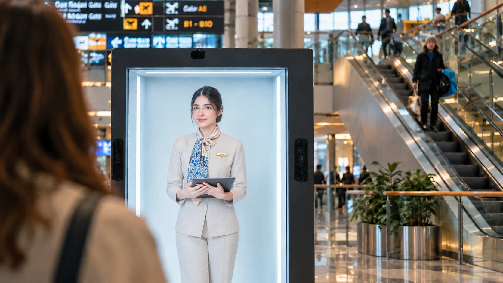 A traveller facing a Thrifty HoloBox with an AI airport concierge in uniform beside gate signs and escalators