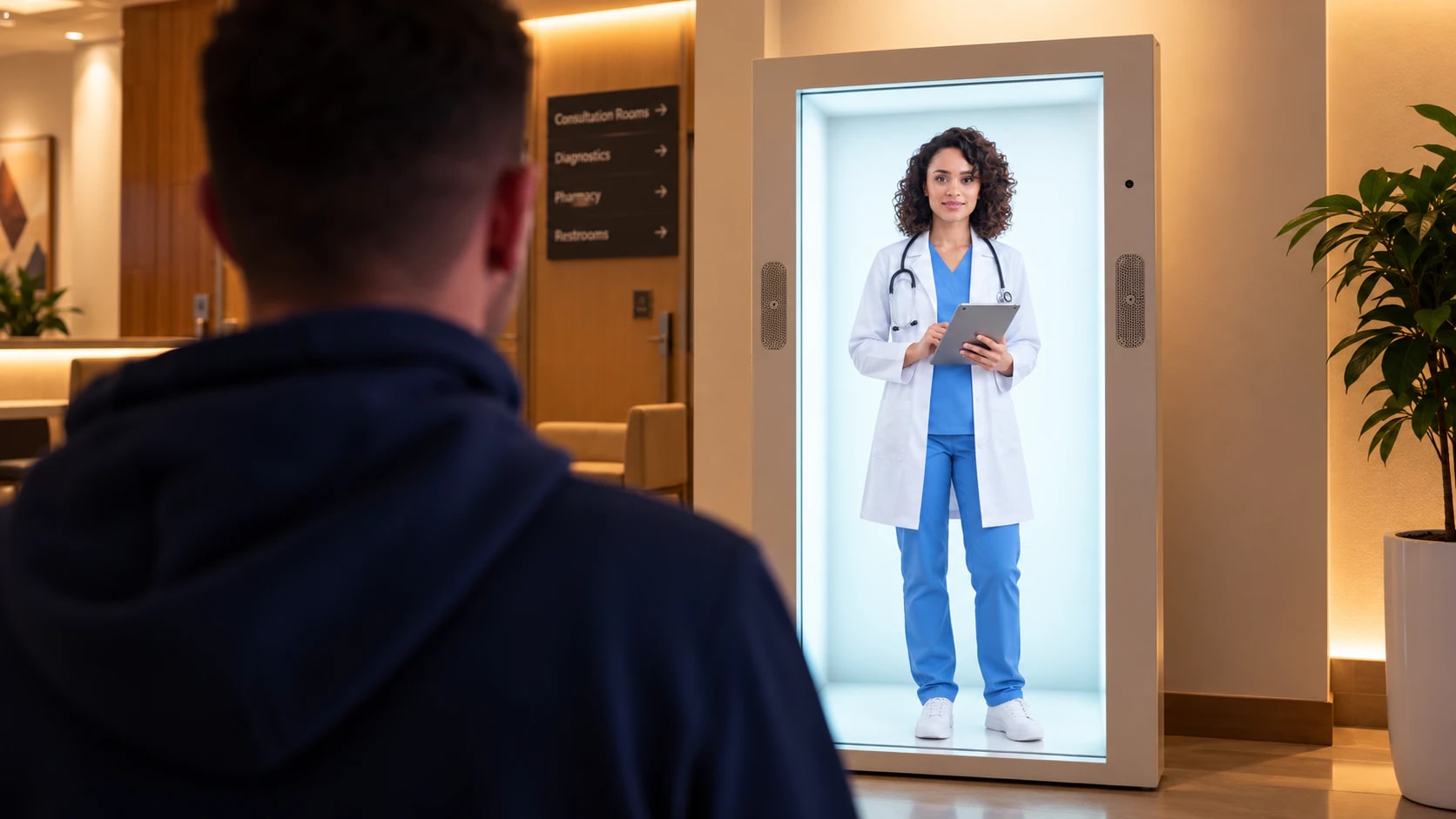 A visitor facing a Thrifty HoloBox with an AI doctor persona in a white coat in a warm clinic lobby