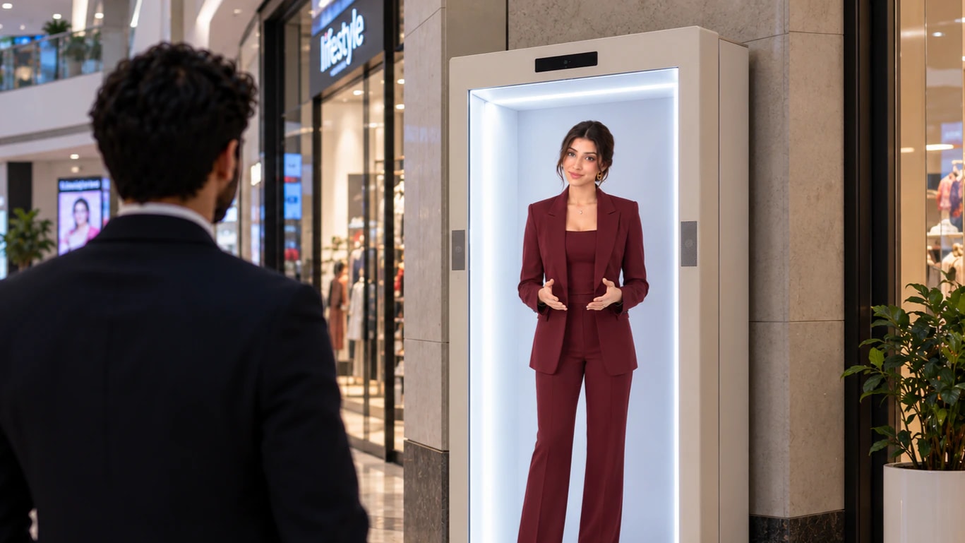 A shopper stopping at a Thrifty HoloBox with an AI presenter in a maroon suit outside stores in a modern mall
