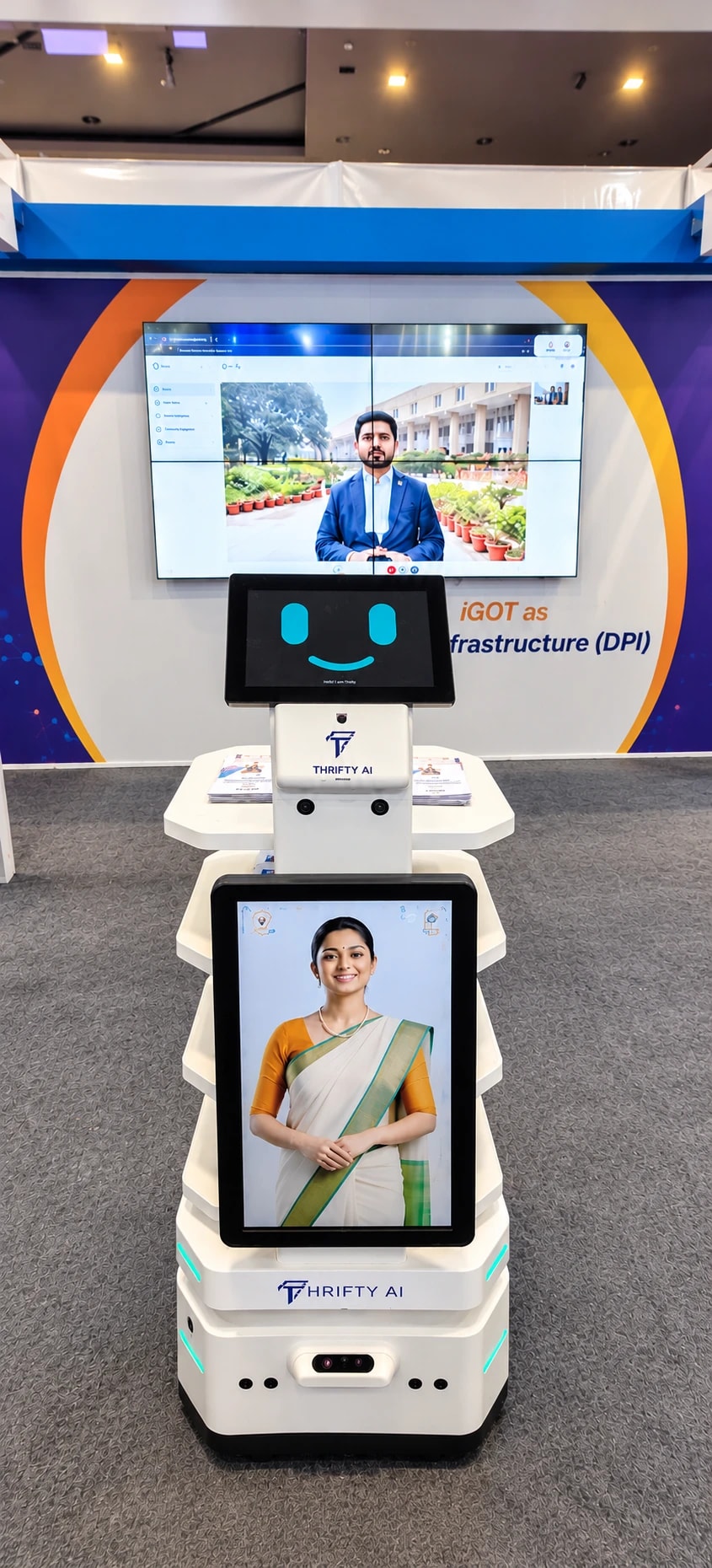 A Thrifty AI service robot with a smiling face display and an AI ambassador in a saree at the iGOT stand
