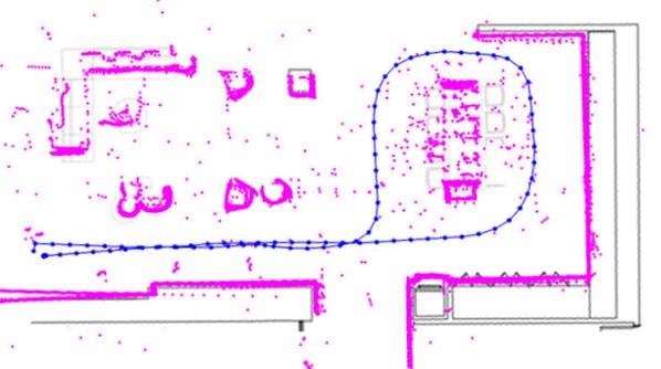 A LiDAR map of a venue floor with obstacles in pink and the robot's planned route in blue