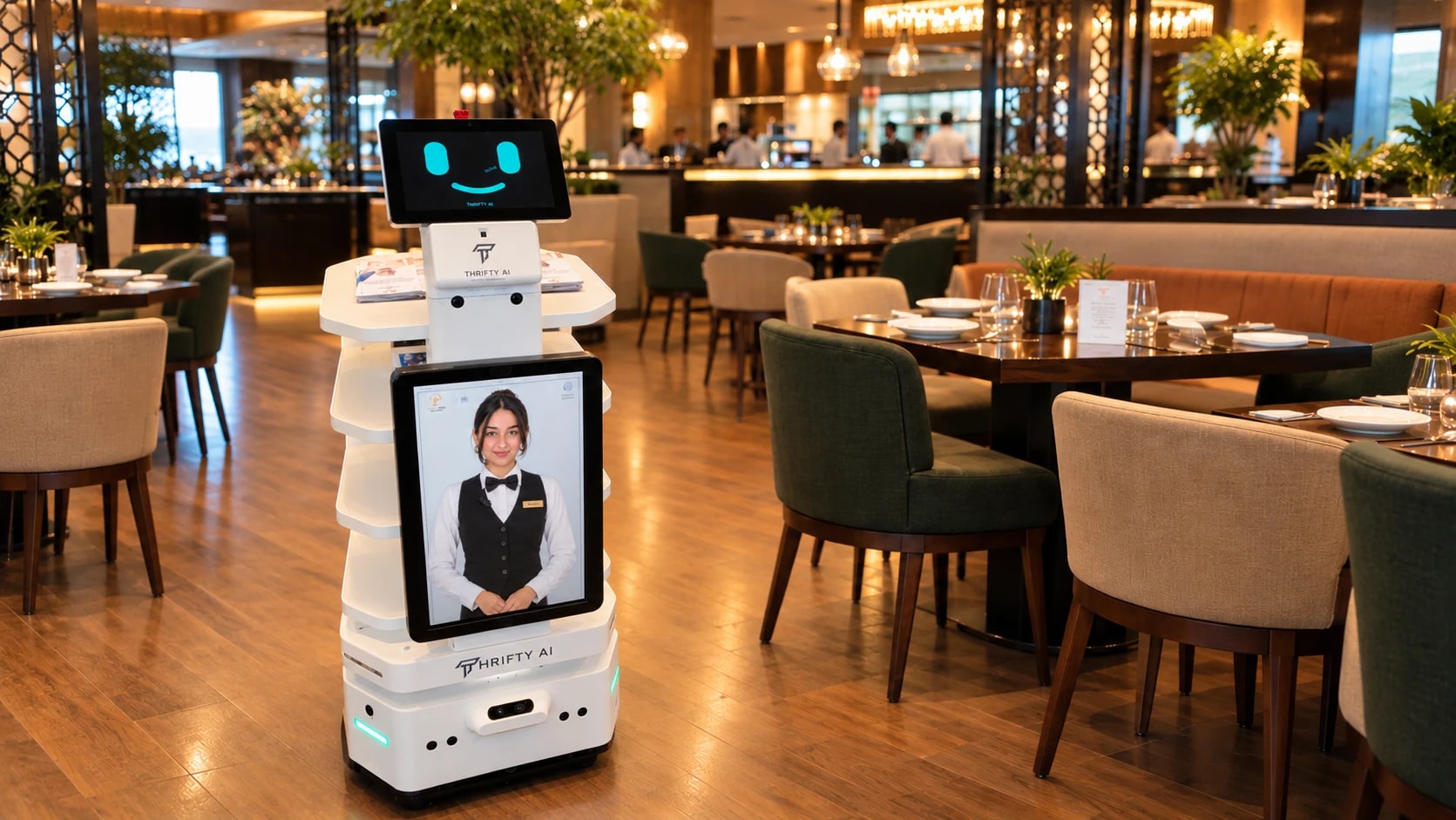 A Thrifty AI service robot with an AI host in a waistcoat on its screen in a busy fine-dining restaurant
