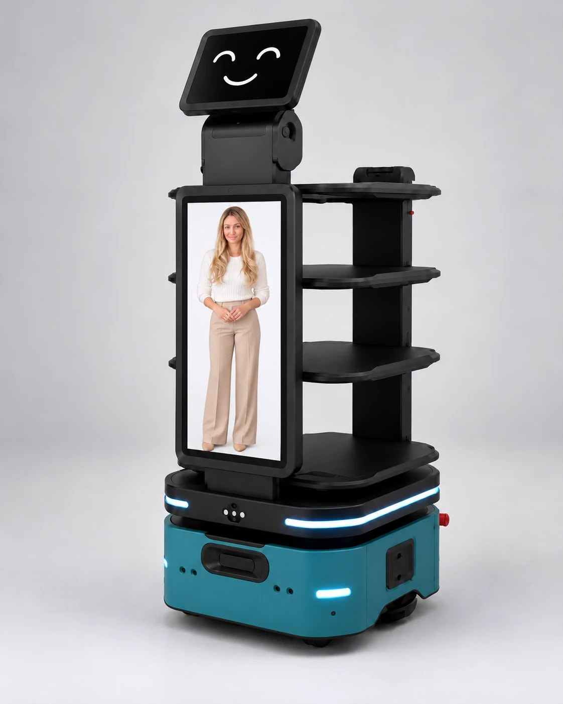A Thrifty AI service robot with a smiling face display and a life-size AI host on its screen